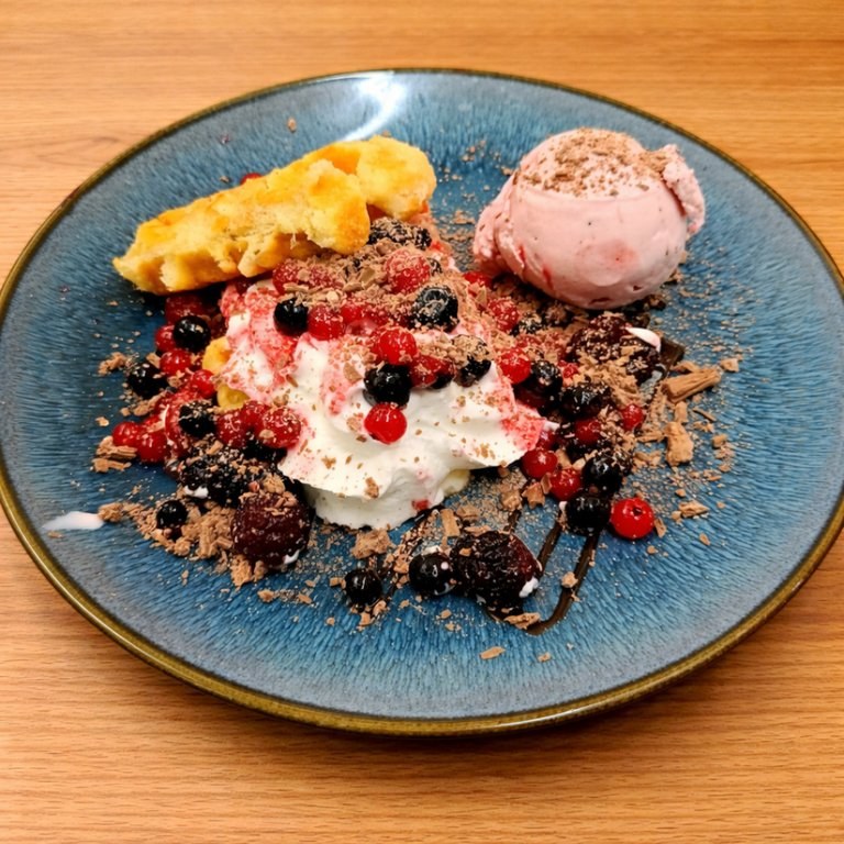 Black Forest waffles with berries, cream, chocolate and strawberry ice cream at The George Inn Braunton, North Devon