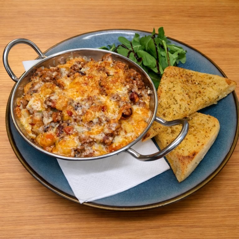 Chilli mac and cheese topped with beef chilli and melted cheese, served with garlic ciabatta and rocket at The George Inn Braunton