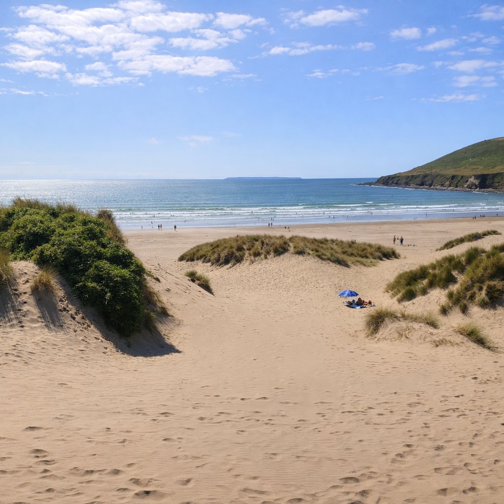 Sunny view of Saunton Sands beach in North Devon